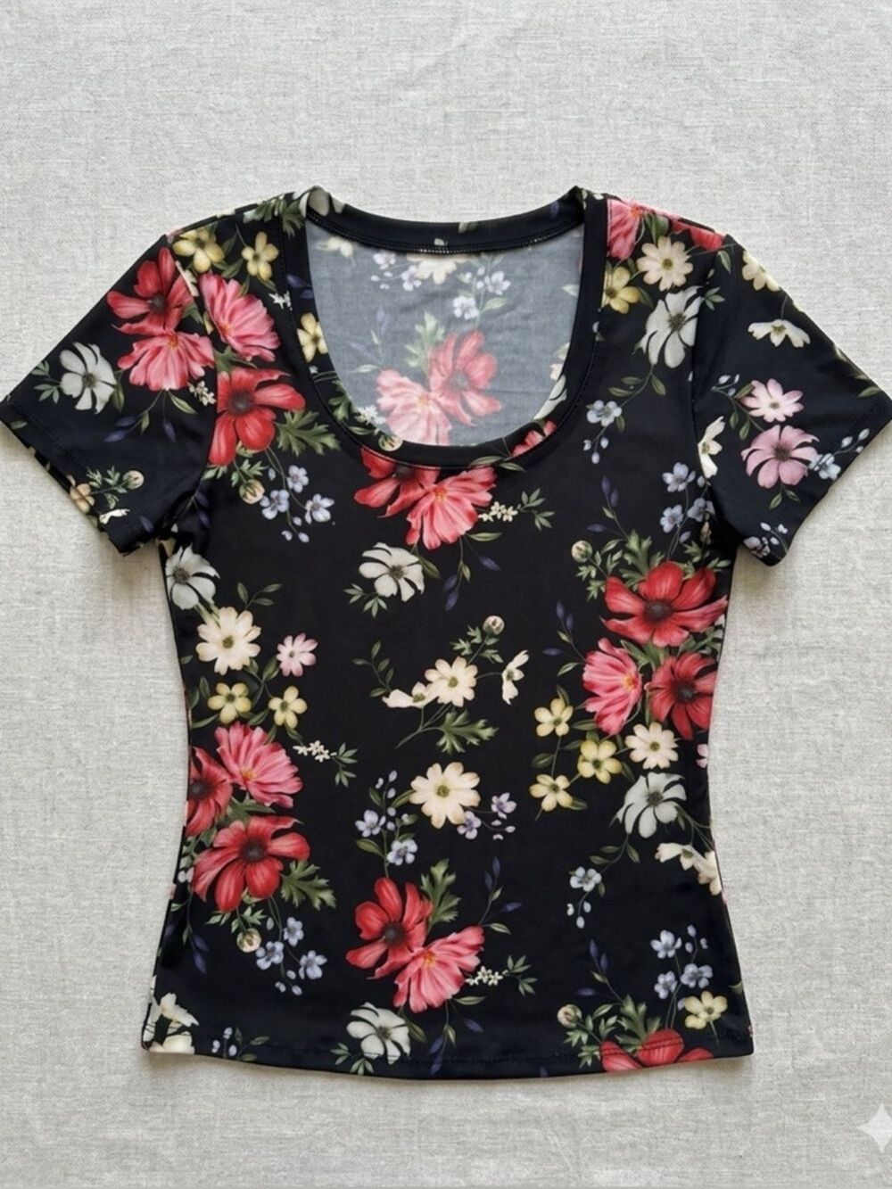Avec Les Filles Floral Top Black Pink Scoop Neck Stretch Fitted XS NWOT